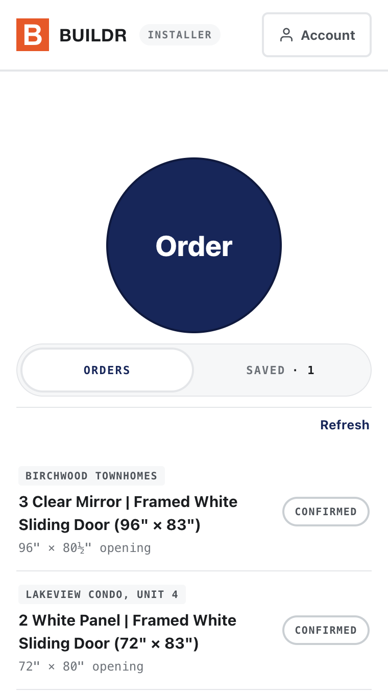 The Buildr app home screen: a large Order button and the list of your orders with their status