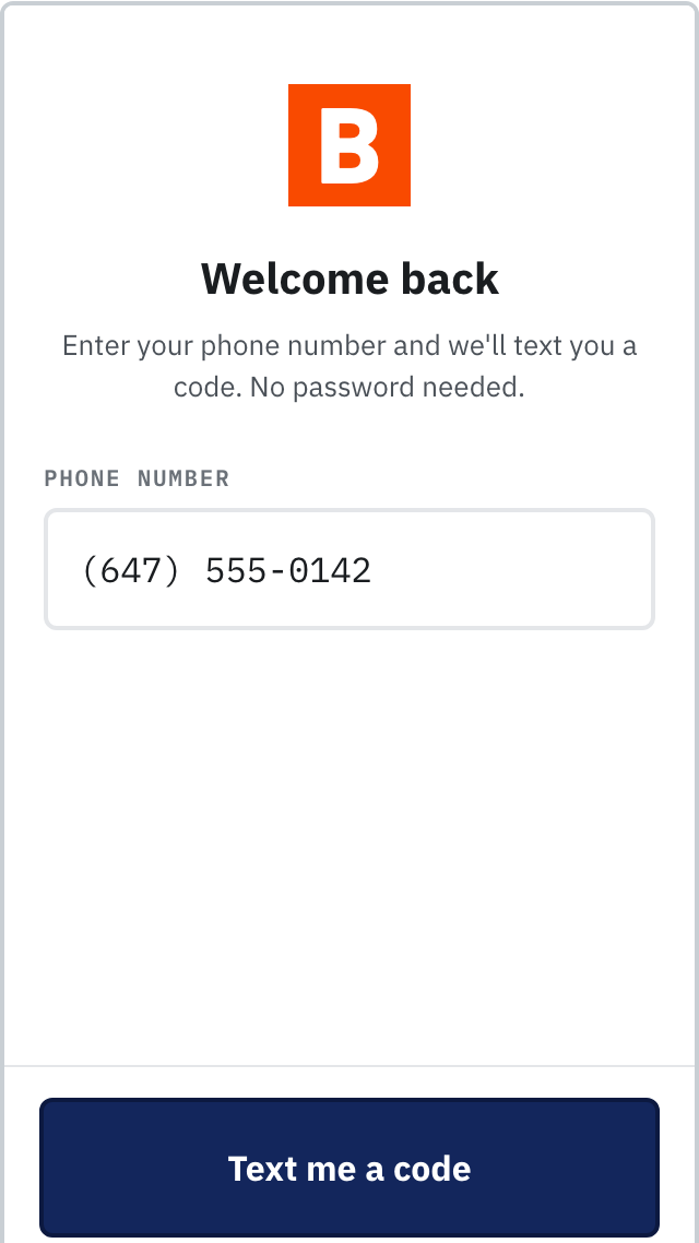 The Buildr app sign-in screen: one phone number field and a Text me a code button